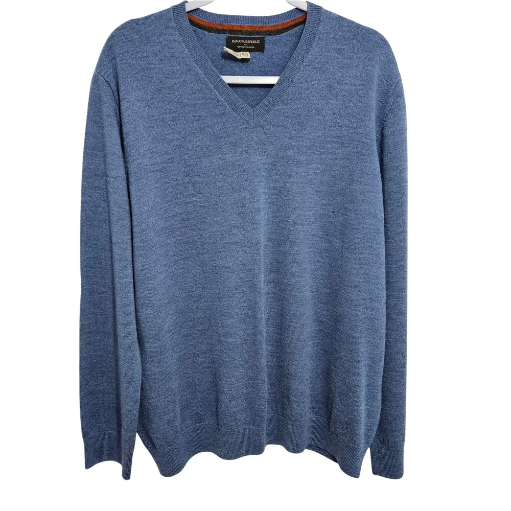 Banana Republic Mens 100% Merino Wool Sweater V-Neck Grandpa Knit XXL Blue
